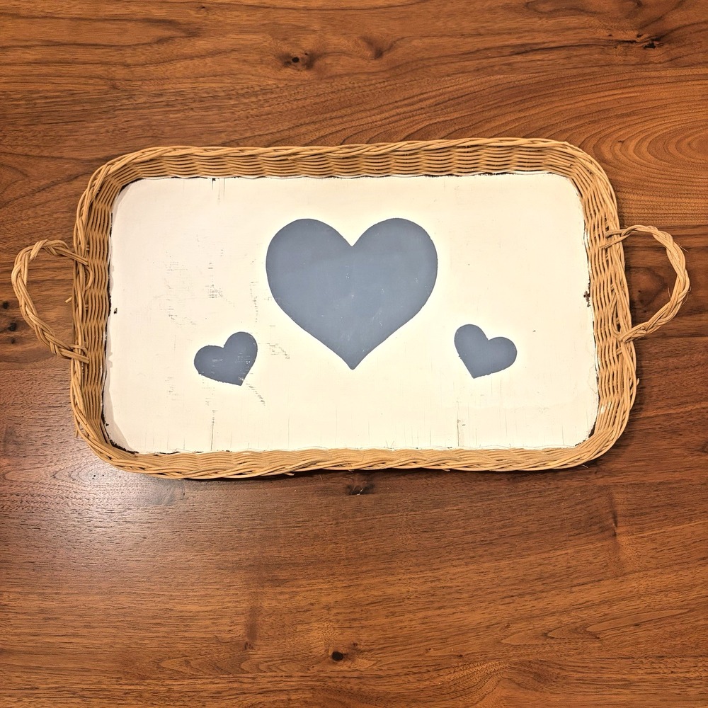 Vintage wooden and wicker decorative tray with blue hearts cottage core country